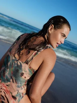 Badkleding|Next - Diepuitgesneden buikbedekkend badpak Blauwgroen/Roze Metallic Animal