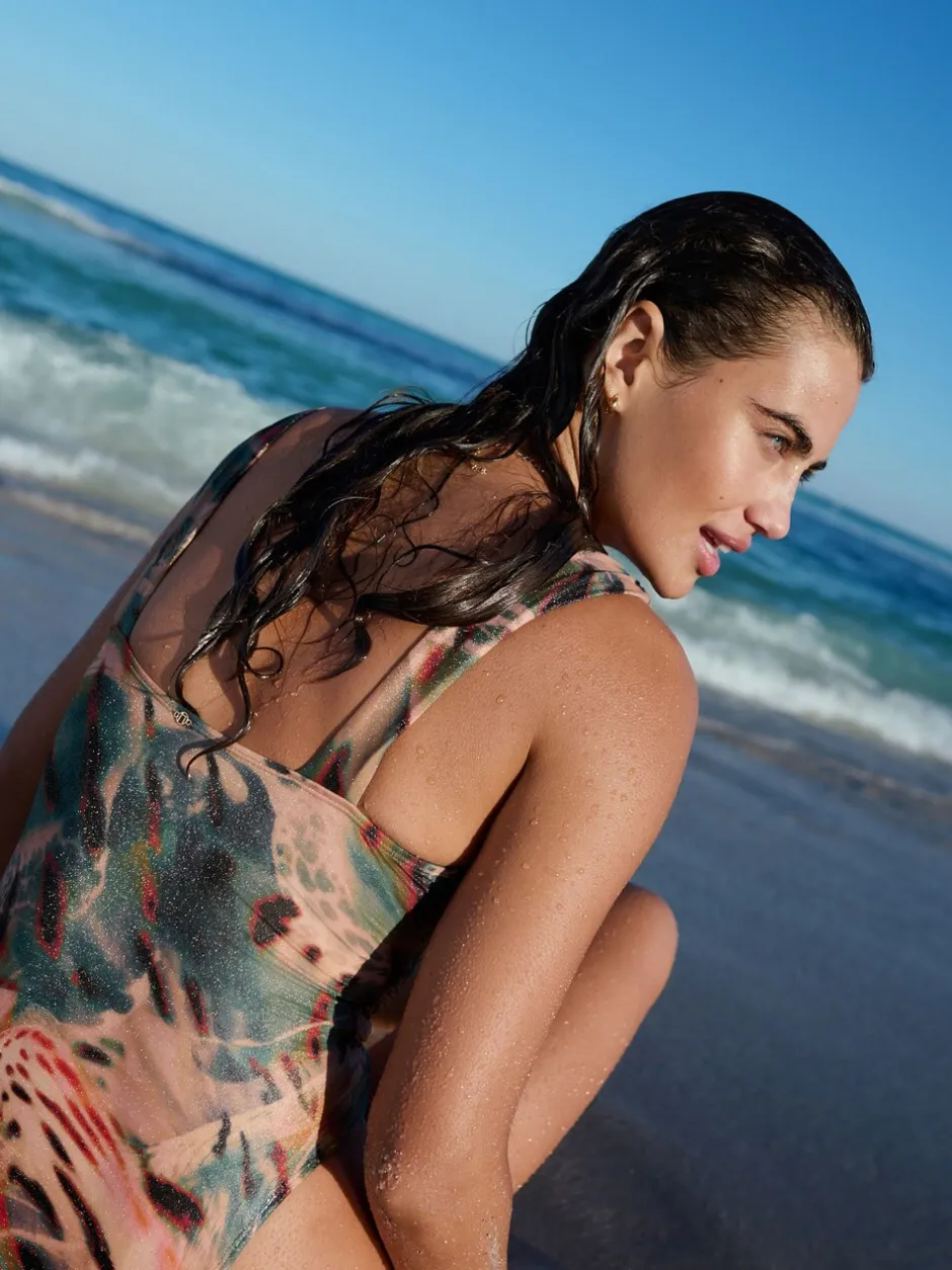 Badkleding|Next - Diepuitgesneden buikbedekkend badpak Blauwgroen/Roze Metallic Animal