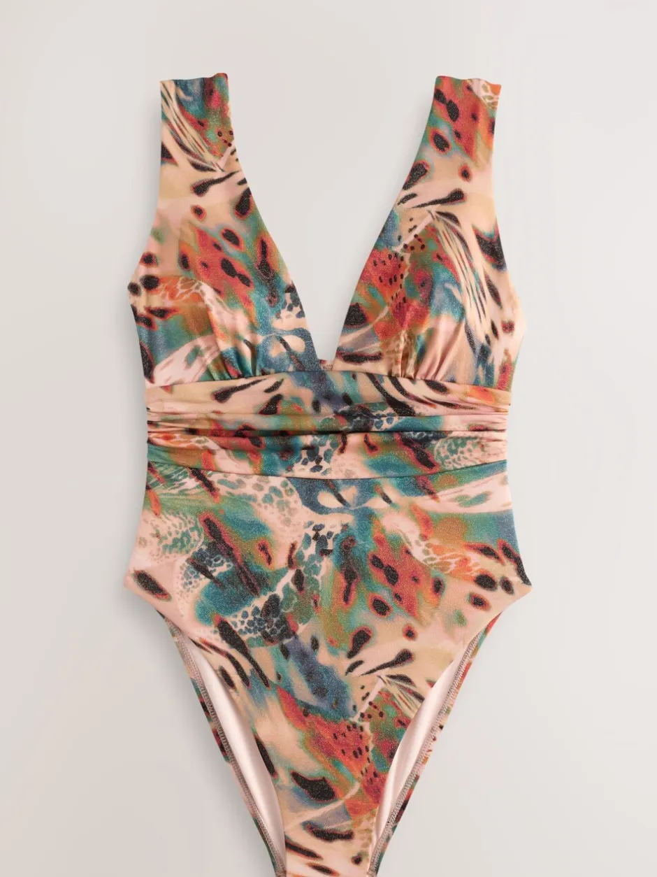 Badkleding|Next - Diepuitgesneden buikbedekkend badpak Blauwgroen/Roze Metallic Animal