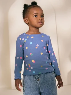 Tops*Next Blauw/meerkleurig met stippen - Geribbeld T-shirt met lange mouwen (3mnd-7jr)