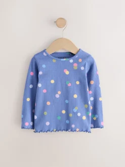 Tops*Next Blauw/meerkleurig met stippen - Geribbeld T-shirt met lange mouwen (3mnd-7jr)