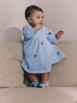 Jurken|Jurken|Next Blauw/rood - Baby Long Sleeve Embroidered Dress (0mths-2yrs)