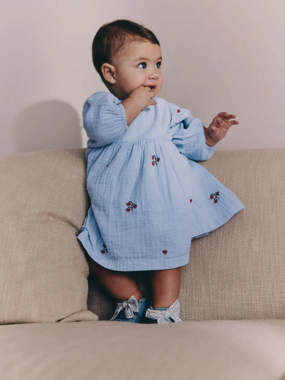Jurken|Jurken|Next Blauw/rood - Baby Long Sleeve Embroidered Dress (0mths-2yrs)
