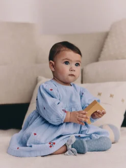 Jurken|Jurken|Next Blauw/rood - Baby Long Sleeve Embroidered Dress (0mths-2yrs)