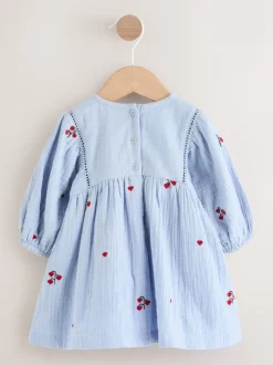 Jurken|Jurken|Next Blauw/rood - Baby Long Sleeve Embroidered Dress (0mths-2yrs)