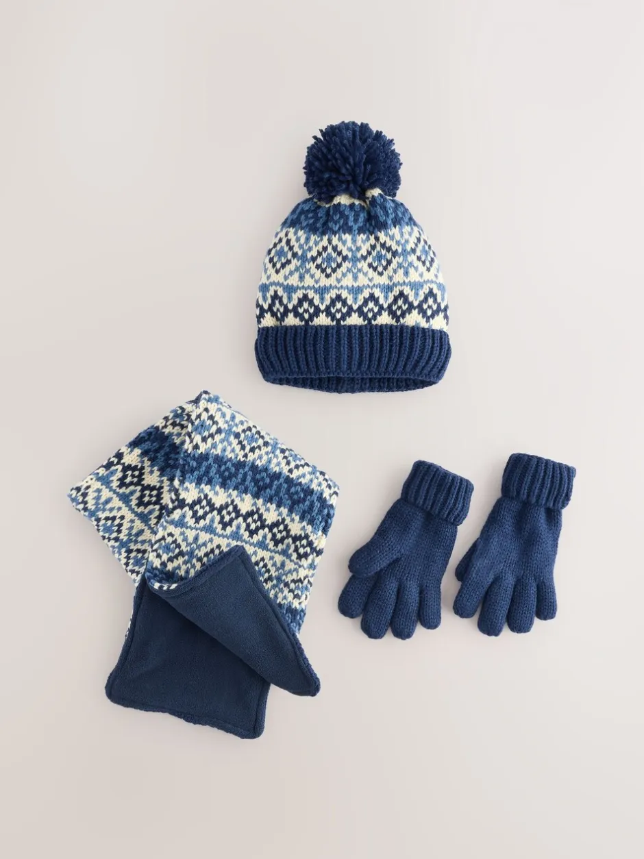 Mutsen, Handschoenen En Sjaals|Next Blauw/wit fairisle - Set van 3 -delige muts, sjaal en handschoenen (3-16jr)