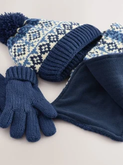 Mutsen, Handschoenen En Sjaals|Next Blauw/wit fairisle - Set van 3 -delige muts, sjaal en handschoenen (3-16jr)