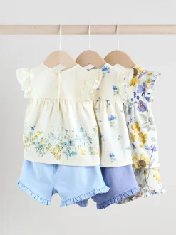Tops|Tops*Next - 6 -delig Baby Set van T-shirt met ruches en short (0mnd-2jr) Blauw/wit met bloemenprint
