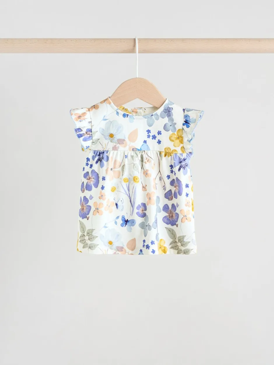 Tops|Tops*Next - 6 -delig Baby Set van T-shirt met ruches en short (0mnd-2jr) Blauw/wit met bloemenprint