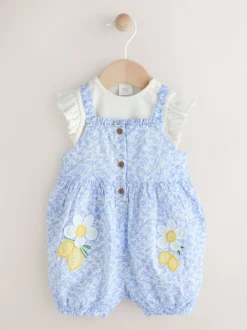 Tuinbroeken|Next Blauw/wit met bloemenprint - Babyset van rompertje met korte mouwen en bretelbroek (0mnd -2jr)