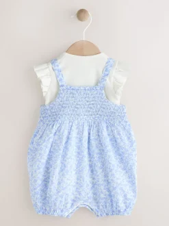 Tuinbroeken|Next Blauw/wit met bloemenprint - Babyset van rompertje met korte mouwen en bretelbroek (0mnd -2jr)