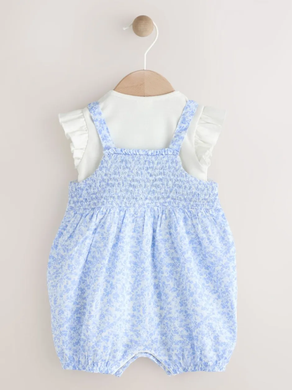 Tuinbroeken|Next Blauw/wit met bloemenprint - Babyset van rompertje met korte mouwen en bretelbroek (0mnd -2jr)