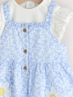 Tuinbroeken|Next Blauw/wit met bloemenprint - Babyset van rompertje met korte mouwen en bretelbroek (0mnd -2jr)