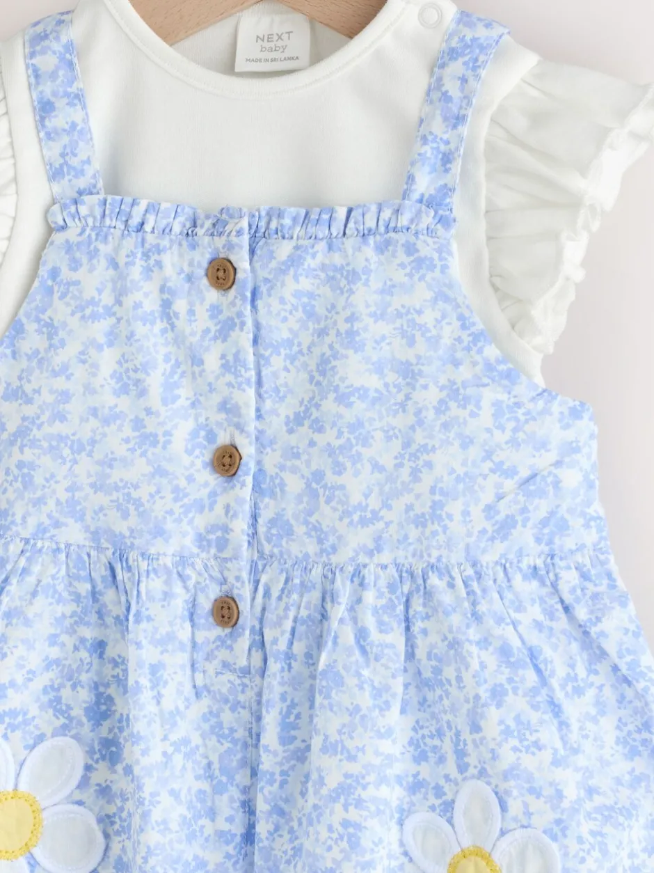 Tuinbroeken|Next Blauw/wit met bloemenprint - Babyset van rompertje met korte mouwen en bretelbroek (0mnd -2jr)