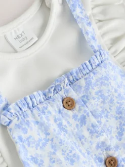 Tuinbroeken|Next Blauw/wit met bloemenprint - Babyset van rompertje met korte mouwen en bretelbroek (0mnd -2jr)
