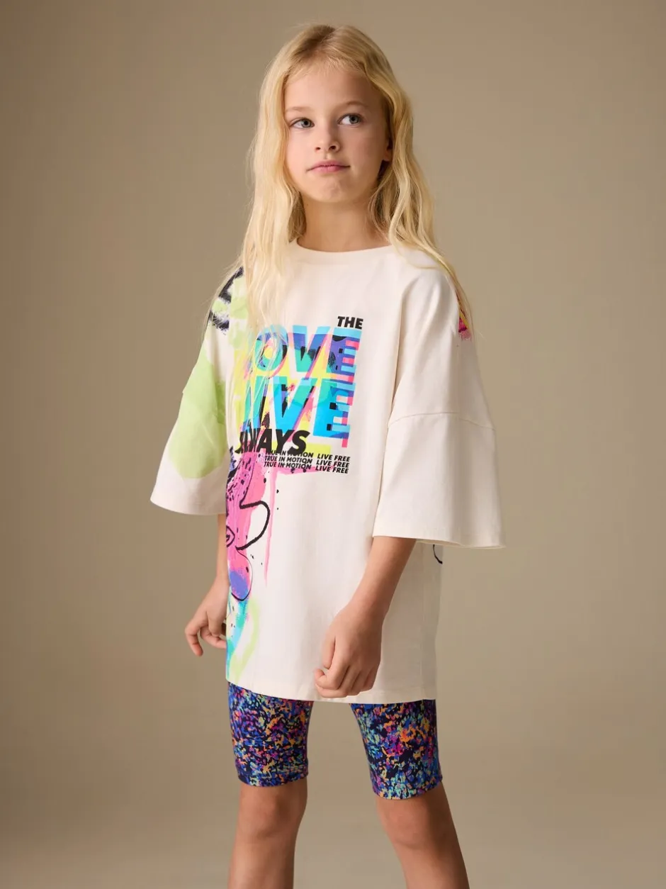 Shorts En Rokken*Next - T-Shirt and Cycle Shorts Set (3-16yrs) Blauw/wit met graffitiprint