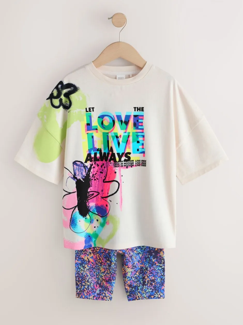 Shorts En Rokken*Next - T-Shirt and Cycle Shorts Set (3-16yrs) Blauw/wit met graffitiprint
