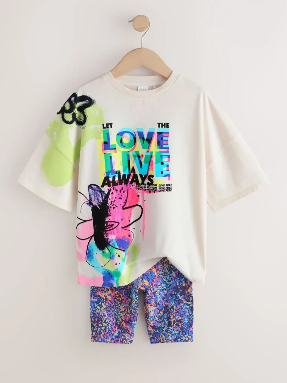 Shorts En Rokken*Next - T-Shirt and Cycle Shorts Set (3-16yrs) Blauw/wit met graffitiprint