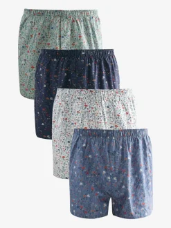 Ondergoed|Ondergoed*Next Blauw/wit/groen met bloemenprint - Verpakking van 4 - Geweven boxershorts van puur katoen