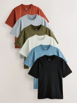 T-Shirts En Hemden|Next Blauw/zwart/oranje/groen/grijs/ecru wit - Normale Pasvorm - Essential katoenen T-shirts verpakking van 6
