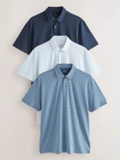 Poloshirts|Next Blue marineblauw met geometrisch motief - Set van 3 jersey poloshirts met korte mouwen
