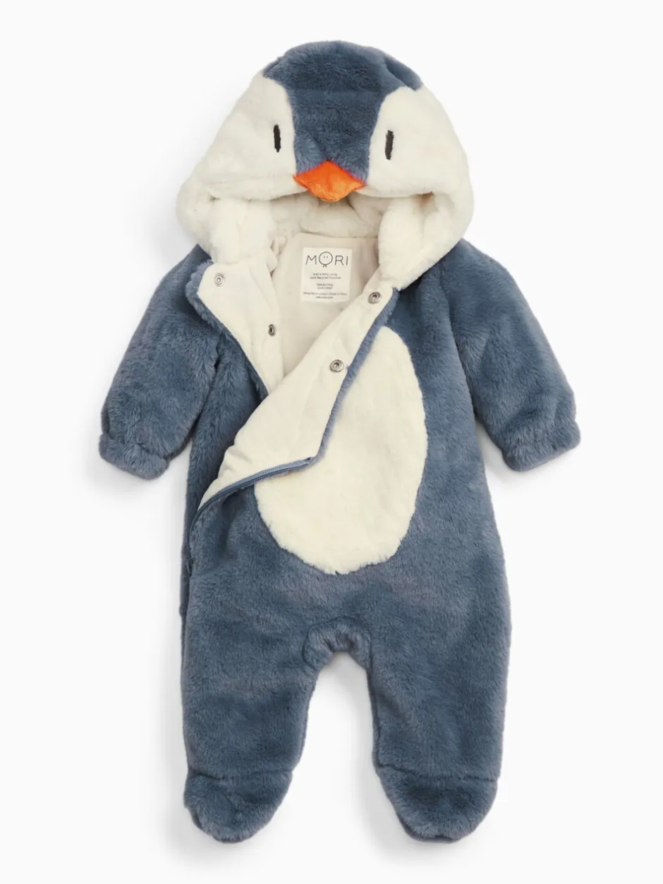 Jassen En Jacks|Mori Blue Penguin Faux Fur - Supersoft Zip Up Pramsuit