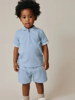 Shorts|Next Blue Zip Neck - Set van poloshirt met korte mouwen en short (3mnd-7jr)