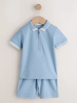 Shorts|Next Blue Zip Neck - Set van poloshirt met korte mouwen en short (3mnd-7jr)