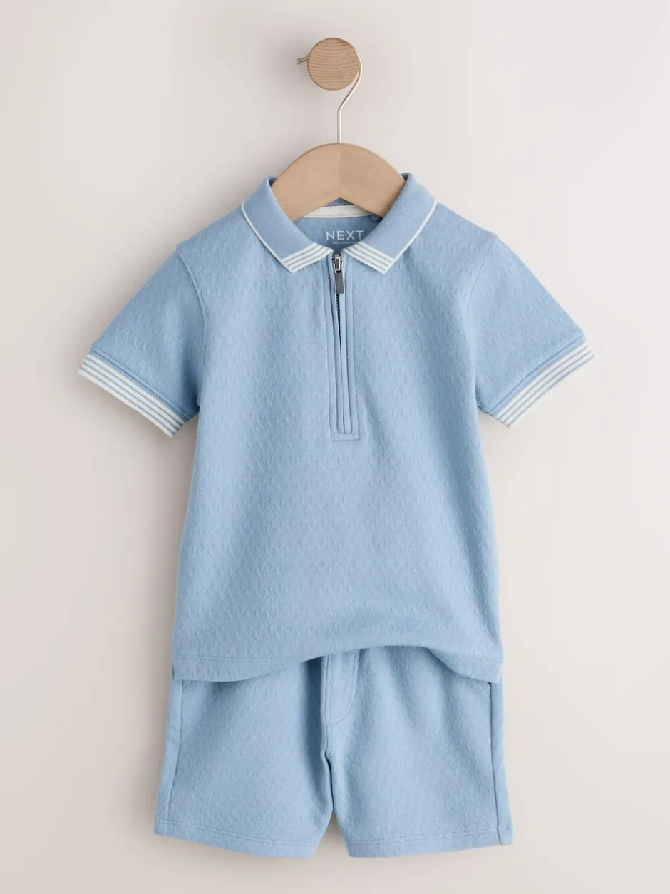 Shorts|Next Blue Zip Neck - Set van poloshirt met korte mouwen en short (3mnd-7jr)
