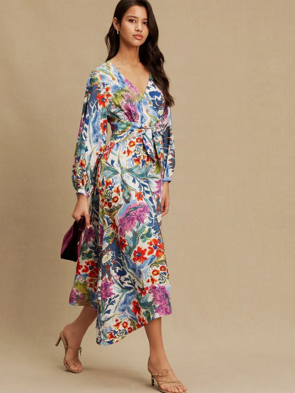 Jurken|Gelegenheidskleding*Next - V-Neck Tie Waist Long Sleeve Midi Dress Blue/Green Floral Print