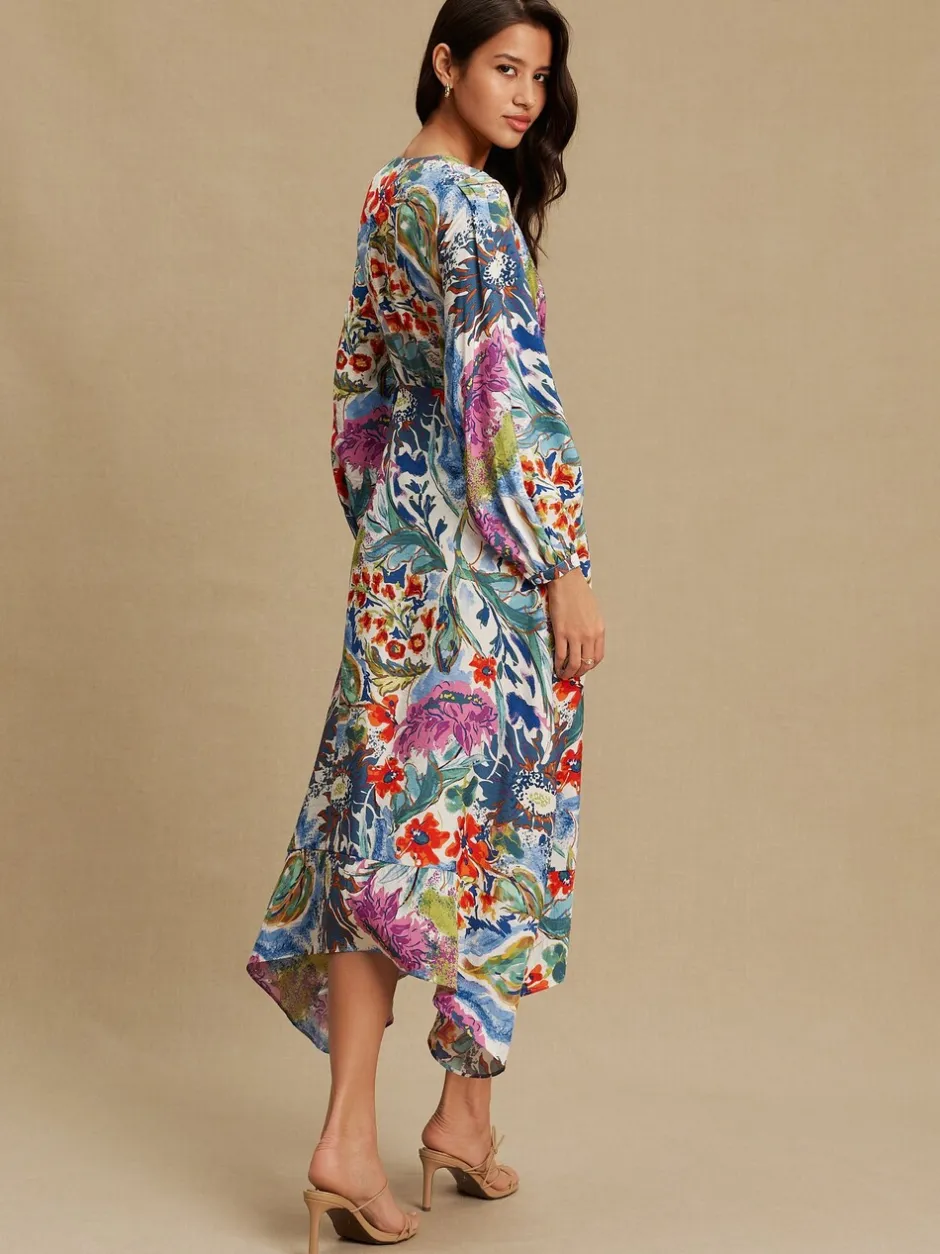 Jurken|Gelegenheidskleding*Next - V-Neck Tie Waist Long Sleeve Midi Dress Blue/Green Floral Print