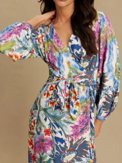 Jurken|Gelegenheidskleding*Next - V-Neck Tie Waist Long Sleeve Midi Dress Blue/Green Floral Print