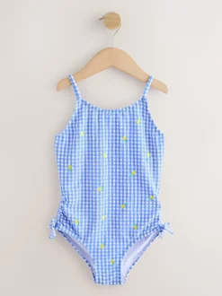 Badkleding|Next - Strappy Ruched Swimsuit (3-16yrs) Blue/White Gingham Lemon