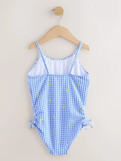 Badkleding|Next - Strappy Ruched Swimsuit (3-16yrs) Blue/White Gingham Lemon