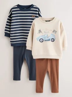 Sweaters En Hoody´S|Next Blue/White Stripe/Car - Set van 2 sweatshirts en leggings (3mnd -7jr)