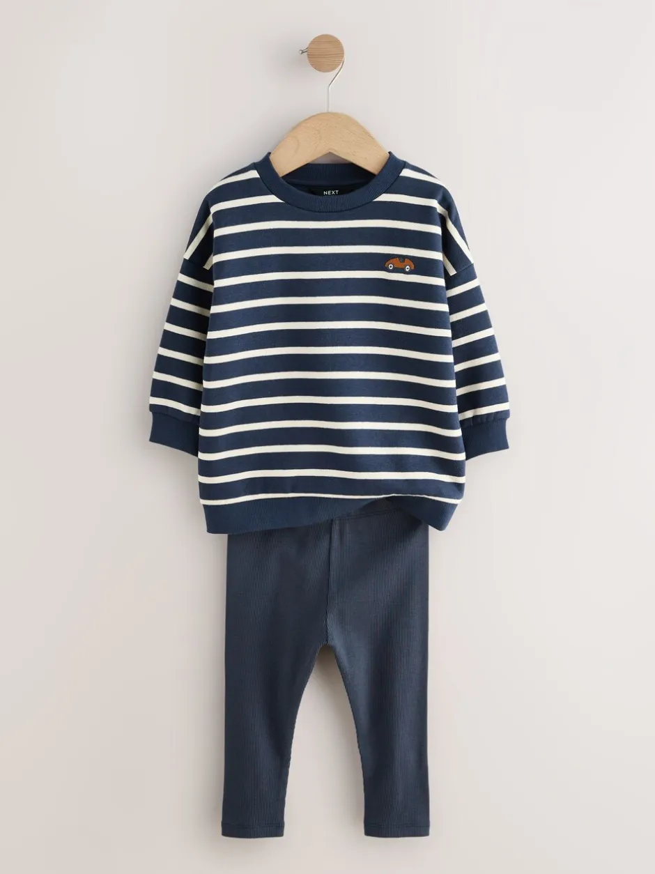 Sweaters En Hoody´S|Next Blue/White Stripe/Car - Set van 2 sweatshirts en leggings (3mnd -7jr)