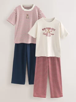 Nachtkleding En Pyjama's|Pyjama's|Next Bordeaux/Ecru Strepen beer - Set van 2 pyjama's met zachte, gevouwen tailleband (4-16jr)