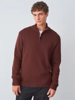 Gebreide Kleding|Next Bordeauxrood - Effen - Regular fit 100% katoenen premium trui met korte rits