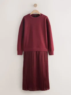 Gelegenheidskleding|Gebreide Kleding*Next - 2-In-1 Sweatshirt met Satijnen Midi Rok Bordeauxrood