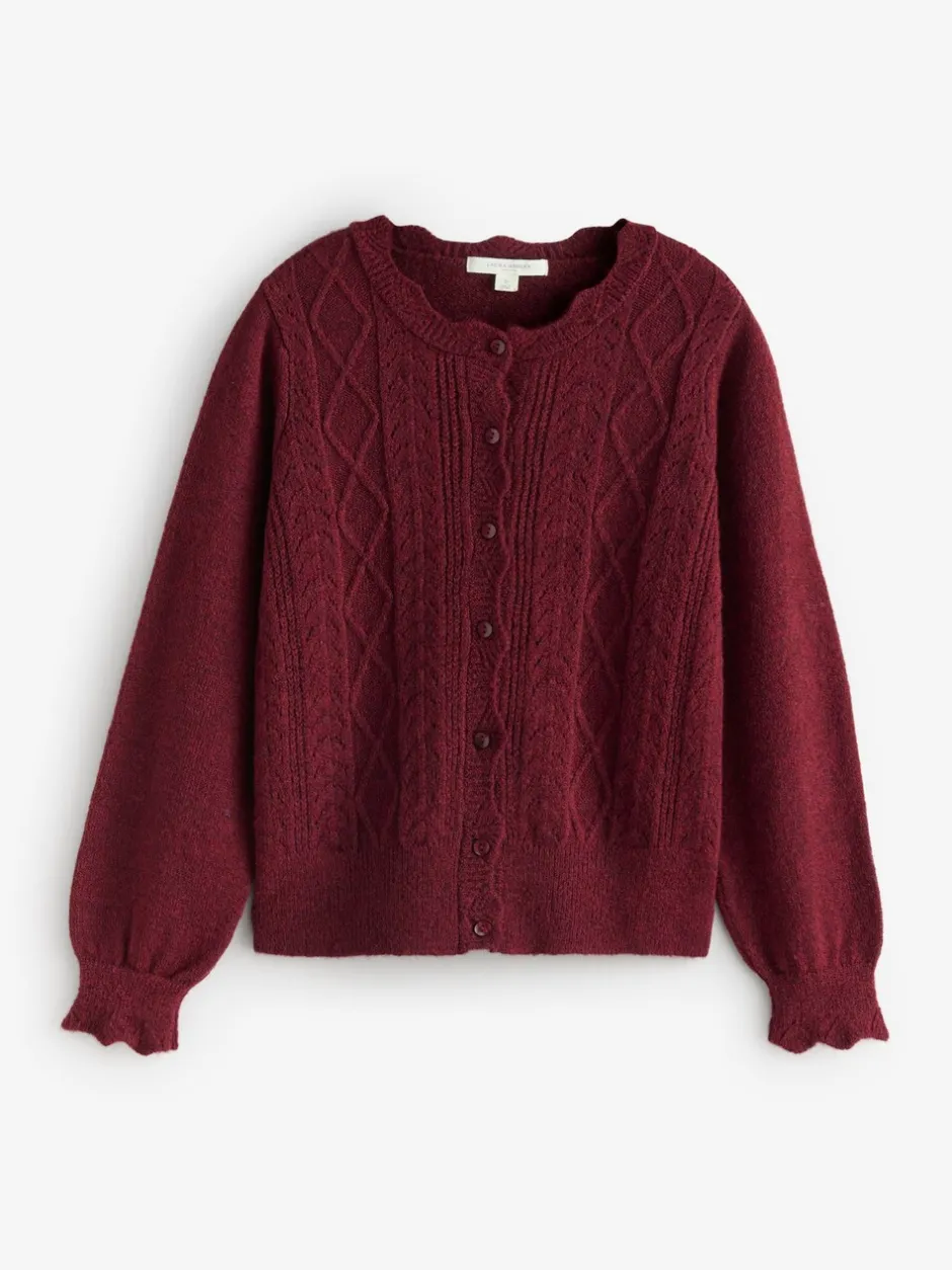 Gebreide Kleding|Laura Ashley - Pointelle Button Through Scallop Cardigan With A Touch Of Wool Bordeauxrood