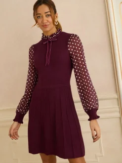 Jurken|Love & Roses - Frill Neck Chiffon Sleeve Knitted Mini Dress Bordeauxrood