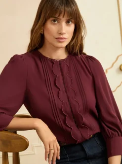 Blouses En Overhemden|Tops En T-Shirts|Love & Roses - 3/4 Sleeve Scallop Detail Blouse Bordeauxrood