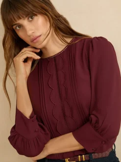 Blouses En Overhemden|Tops En T-Shirts|Love & Roses - 3/4 Sleeve Scallop Detail Blouse Bordeauxrood