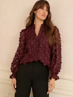 Blouses En Overhemden|Tops En T-Shirts|Love & Roses - 3D blouse met lange mouwen en stippen Bordeauxrood
