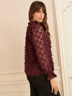 Blouses En Overhemden|Tops En T-Shirts|Love & Roses - 3D blouse met lange mouwen en stippen Bordeauxrood