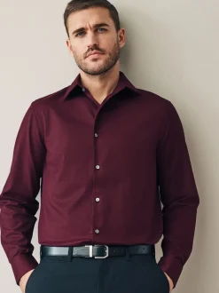 Formele Overhemden|Next - Normale Pasvorm - Signature 100% katoenen overhemd met textuur Bordeauxrood