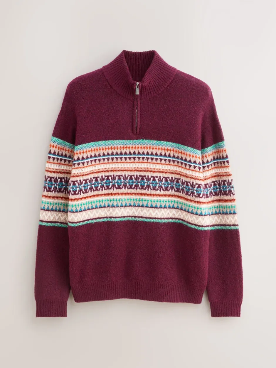 Gebreide Kleding*Next Bordeauxrood - Regular Fit Fairisle Pattern Chest Block Zip Neck Jumper