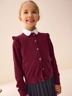 Schoolkleding|Gebreide Kleding*Next Bordeauxrood - Schoolvest met hoog katoengehalte en ruches op de schouders (3-16 jr)