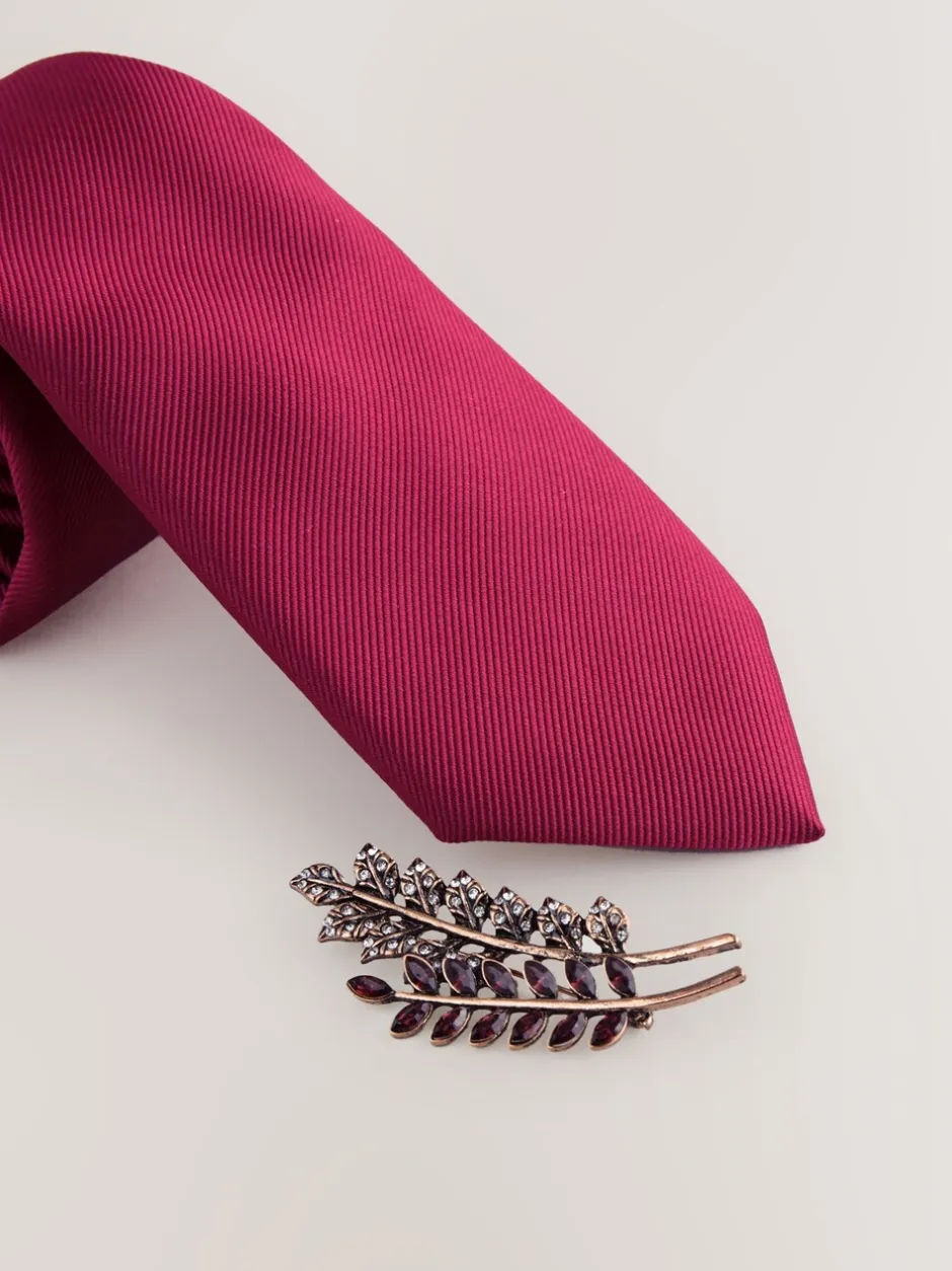 Stropdassen En Pochets|Next - Tie Pocket Square and Brooch Set Bordeauxrood