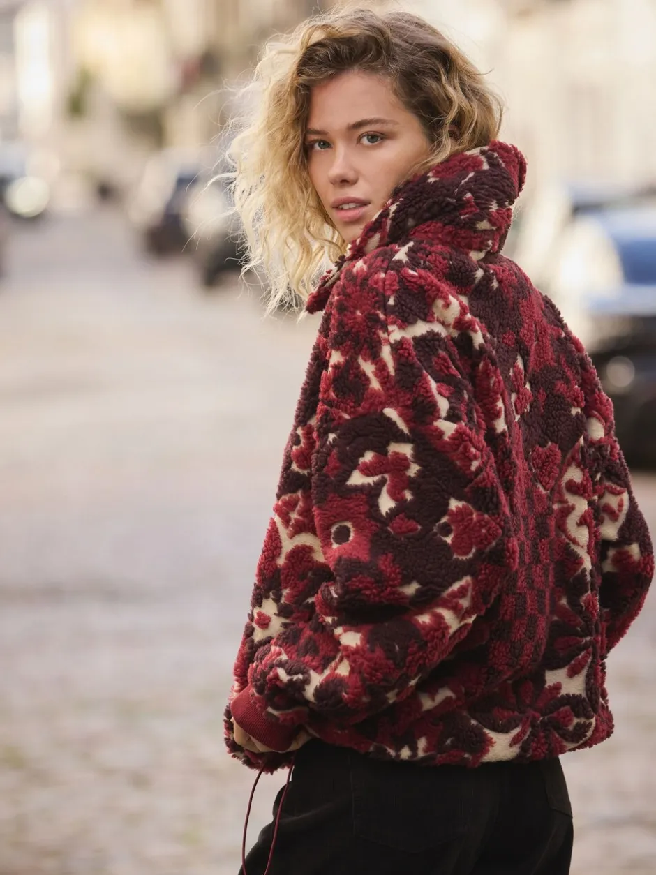 Hoody's En Sweatshirts*Next - Jacquard Teddy Borg Quarter Zip Fleece Sweatshirt Bordeauxrood gebloemd